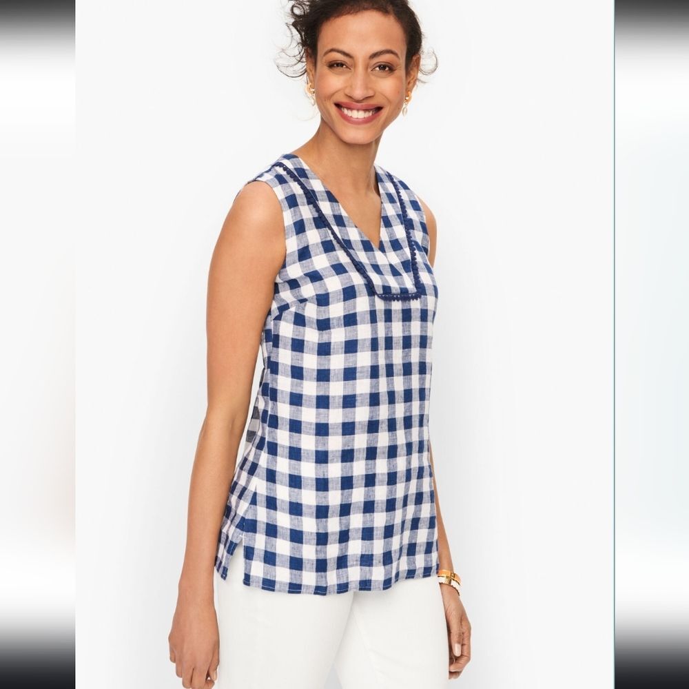 Talbots Blue Plaid Linen Shell Tank Top Womens Small